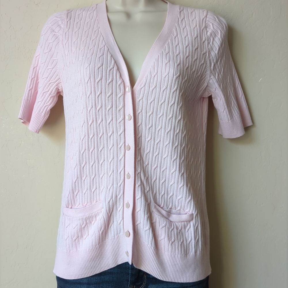 Talbots Light Pink Cable-Knit Short Sleeve Cardigan